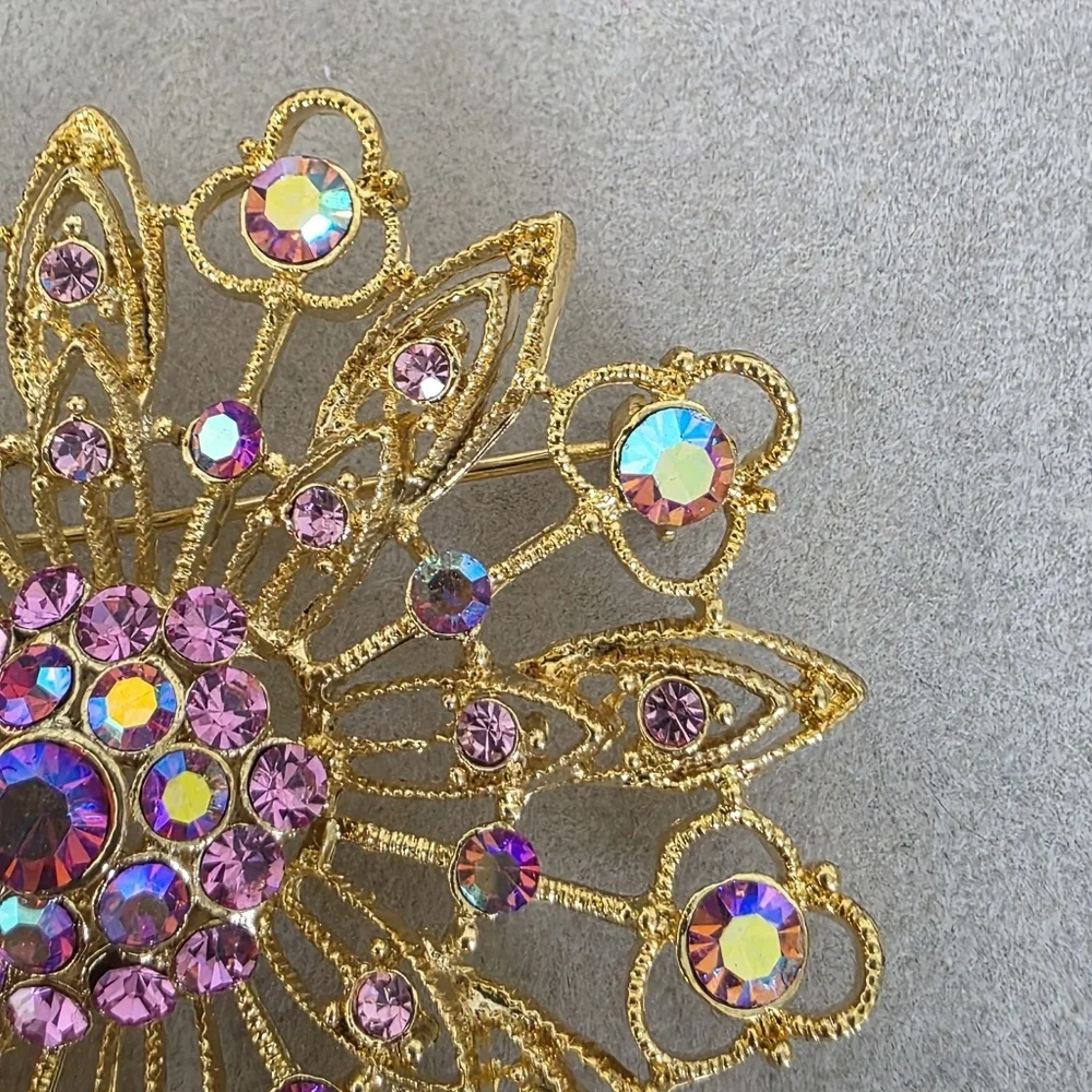 VIntage filigree Starburst Flower Brooch Pin with Pink and AB Crystal Rhinestone
